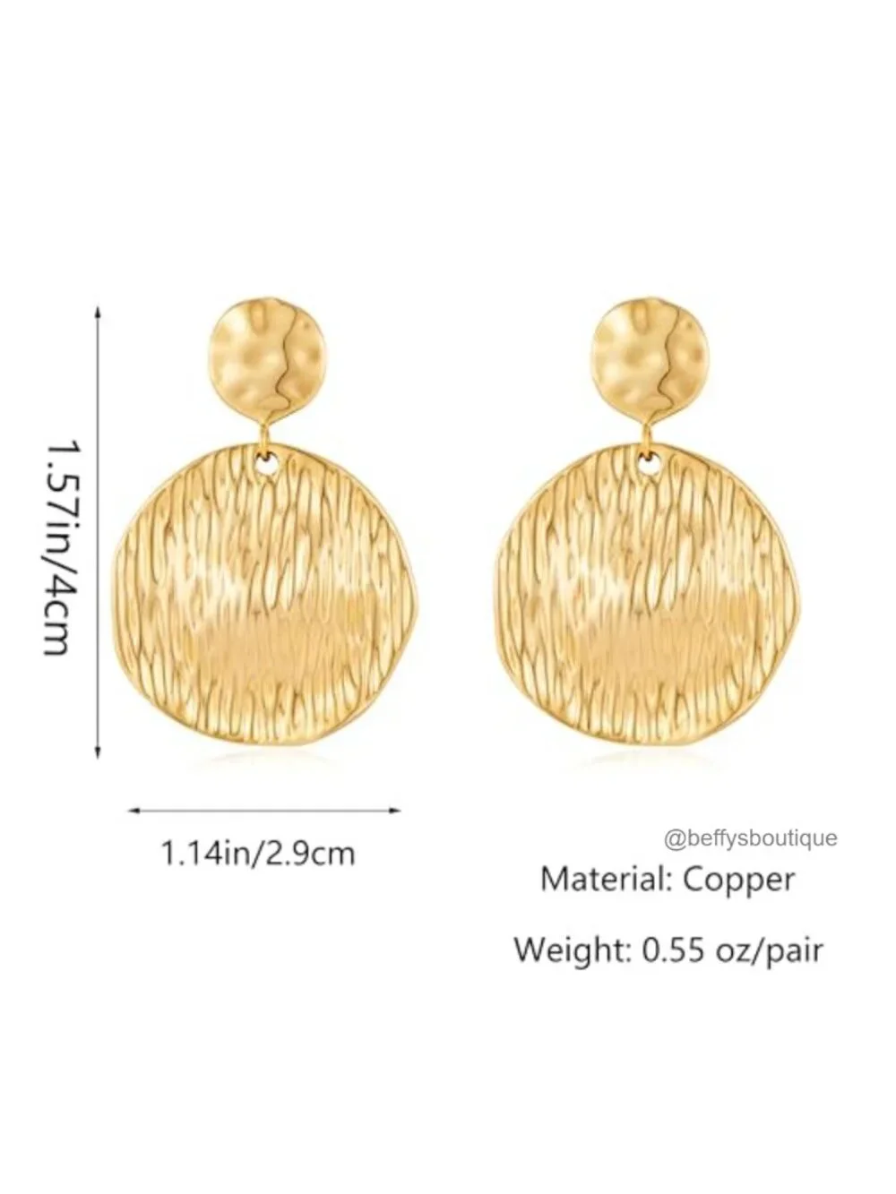 Hammered Brass Disc Drop Dangle Earrings Statement Jewelry